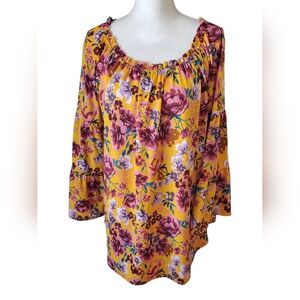 Dear Scarlett Nashville Mustard Pink Floral Top Long Sleeve Smocked Neck Size L